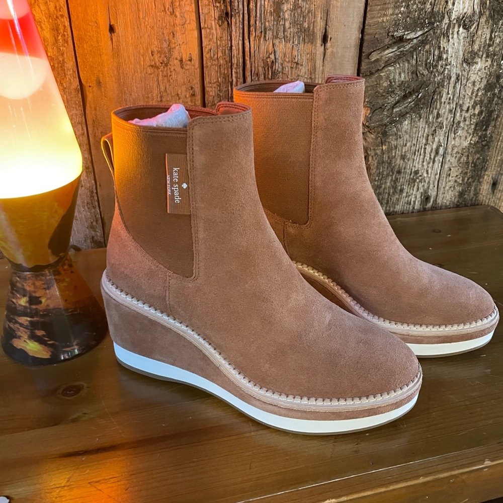 Kate Spade boots. Addison wedge booty suede; warm gingerbread color size 7.5 B.